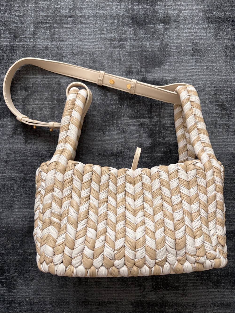 Nanushka Braided Straw-Style Shoulder Bag in Beige & Cream